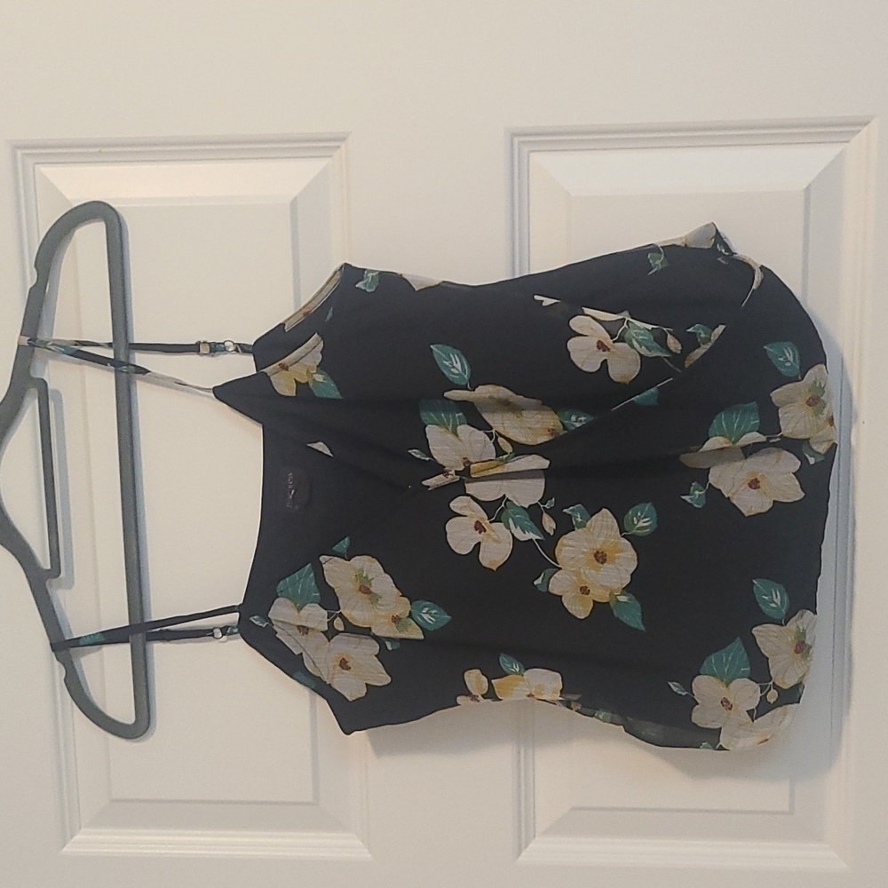 BLACK flower, wrap, spaghetti string top sz Small